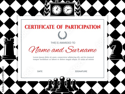 Chess certificate diploma frame, championship or board games competition, vector template. Chess participation certificate or winner honor award, pawn, king and horse chess on chessboard background