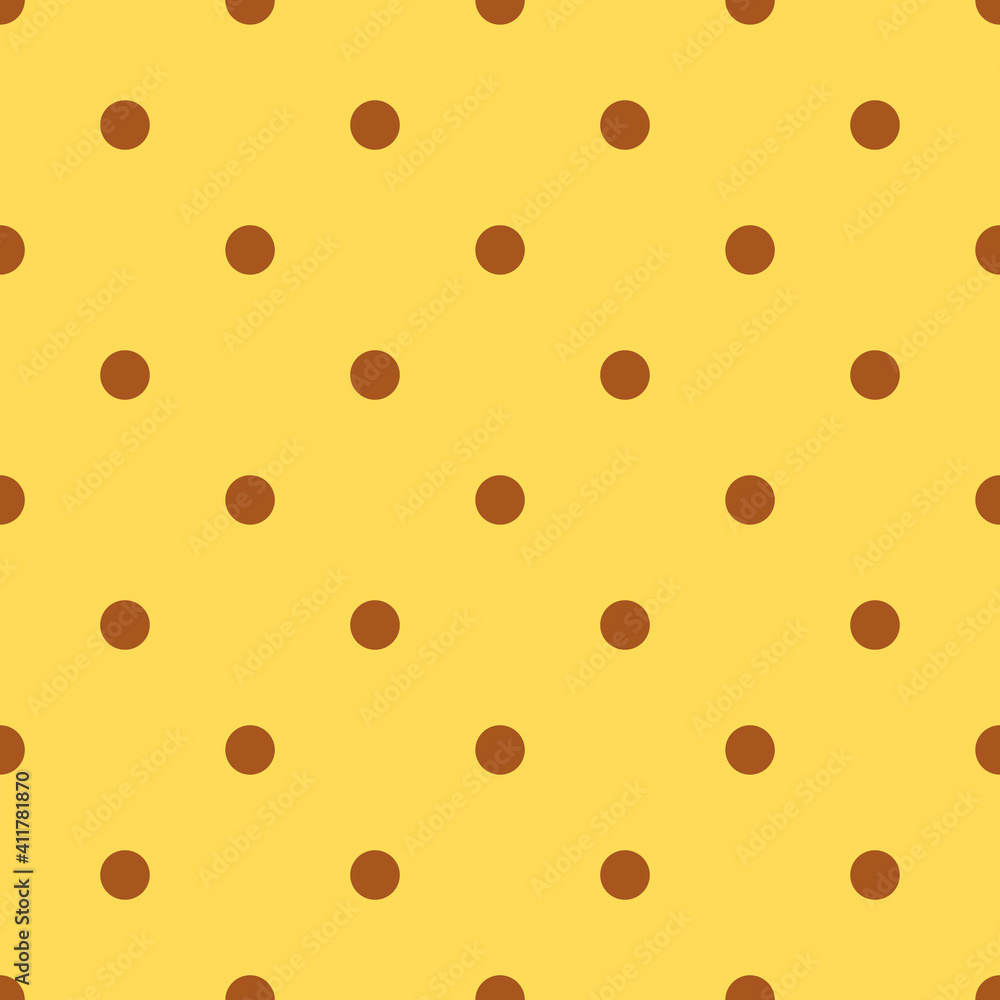 Brown polka dot on yellow background seamless pattern. Symmetrical round shapes print for textile, fabric, wallpaper, wrapping paper, design and decoration. Brown polka dot on yellow background seamless pattern. Symmetrical round shapes print for textile, fabric, wallpaper, wrapping paper, design and decoration.