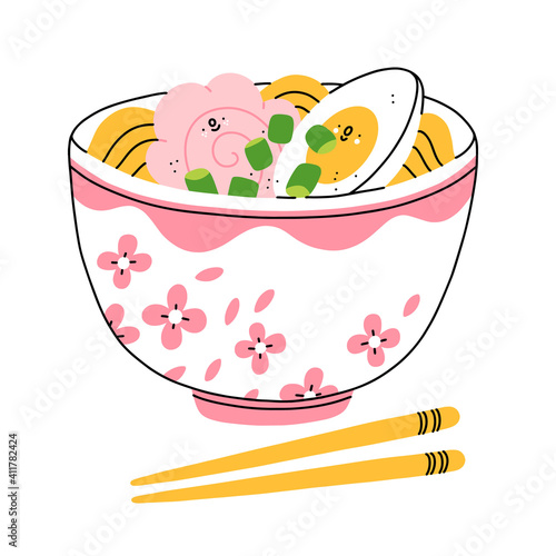 Cartoon ramen bowl with shrimp and egg, vector illustration