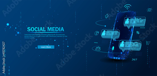 Social network and Social media illustration concept. Chatting and communication on modern app. Mobile phone mockup with likes, message bubbles and icons. UI app social media. Vector blue web banner