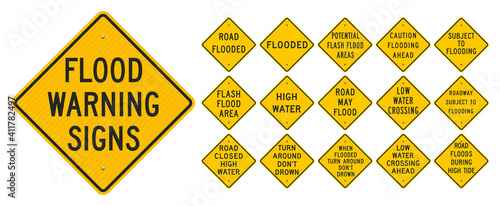 Vector illustration of the Flood Warning yellow diamond signs