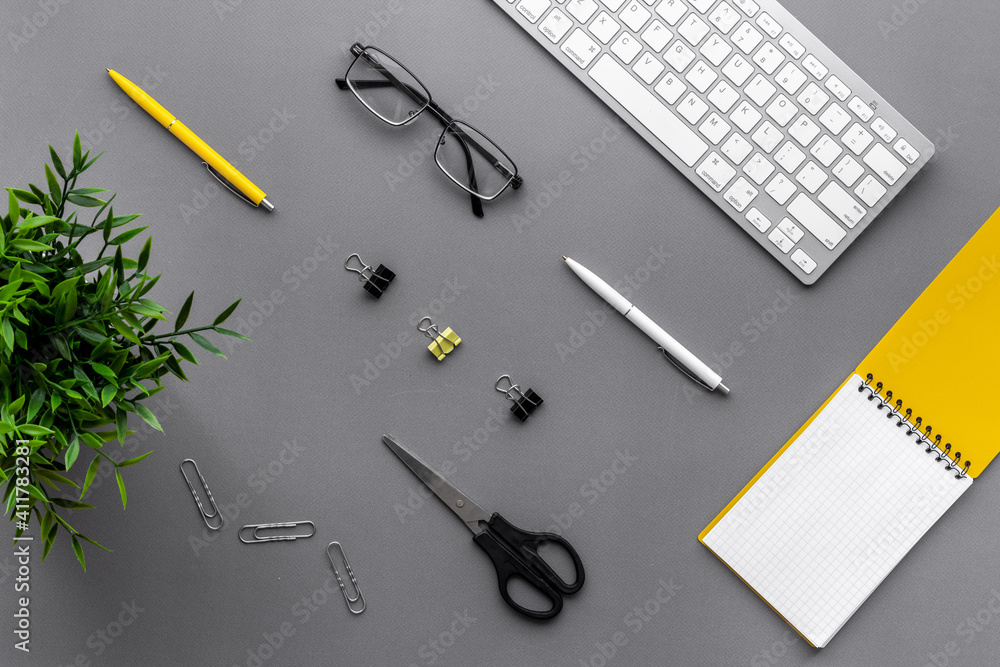 Office workplace flat lay with keyboard wand notebook Office workplace flat lay with keyboard wand notebook