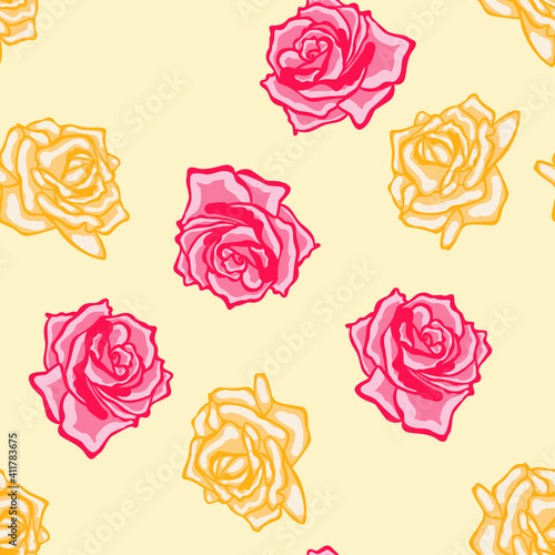 Pink and yellow roses floral seamless pattern design  flowers on pale pink background for web and print.