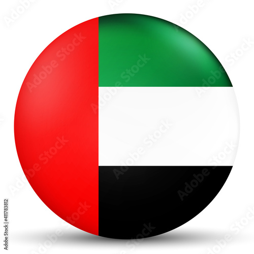Glass light ball with flag of United Arab Emirates. Round sphere, template icon. Arabian national symbol. Glossy realistic ball, 3D abstract vector illustration on a white background. Big bubble.