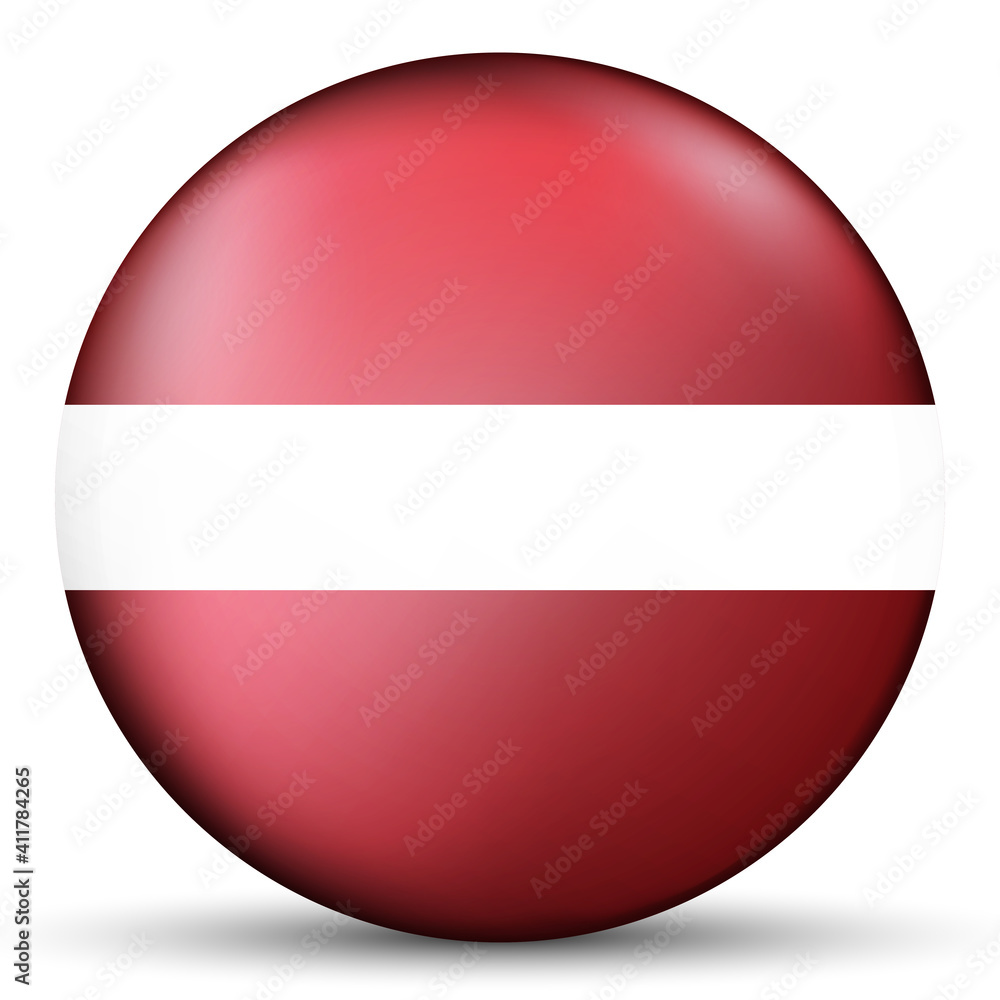 Glass light ball with flag of Latvia. Round sphere, template icon. Latvian national symbol. Glossy realistic ball, 3D abstract vector illustration highlighted on a white background. Big bubble. Glass light ball with flag of Latvia. Round sphere, template icon. Latvian national symbol. Glossy realistic ball, 3D abstract vector illustration highlighted on a white background. Big bubble.