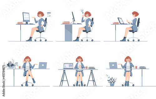 Business Woman character in various poses set.vector.