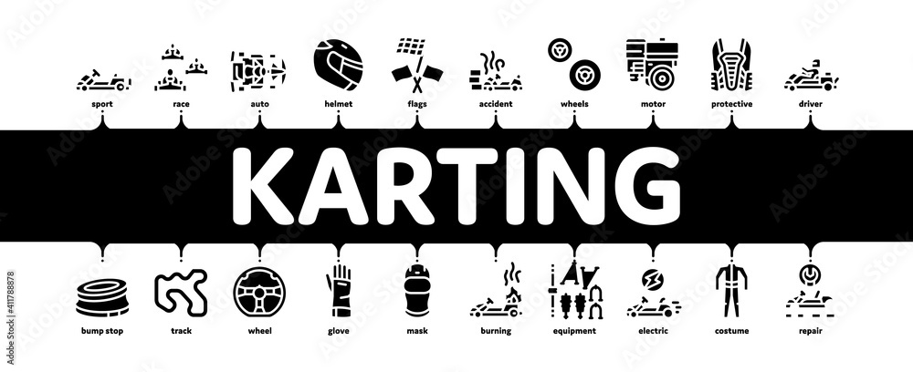Karting Motorsport Minimal Infographic Web Banner Vector. Karting Race And Track, Kart Engine And Steering Wheel, Driver Helmet And Suit Gloves And Mask Black Illustration