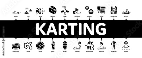 Karting Motorsport Minimal Infographic Web Banner Vector. Karting Race And Track, Kart Engine And Steering Wheel, Driver Helmet And Suit Gloves And Mask Black Illustration