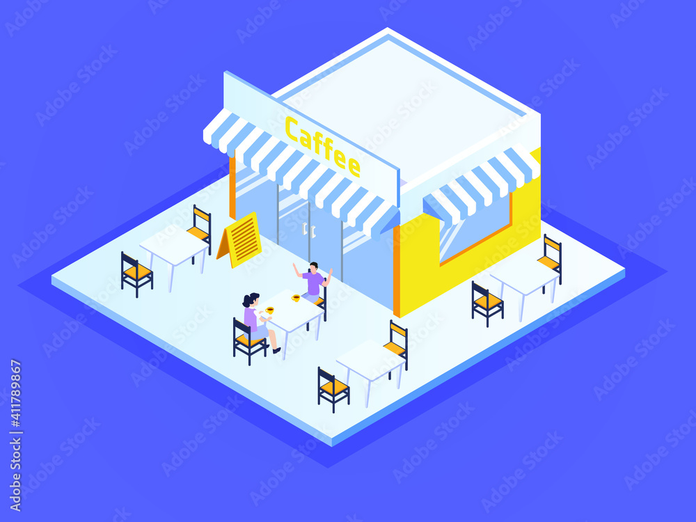 Obraz premium Cafe isometric 3d vector concept for banner, website, illustration, landing page, flyer, etc.