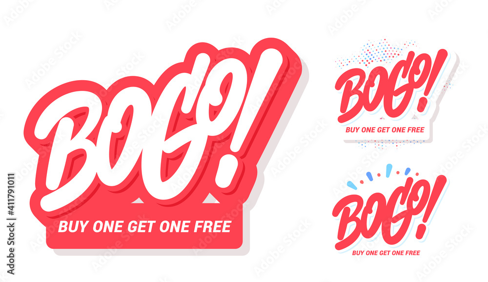 BOGO sale icons. Buy one get one free. Vector lettering banners set. BOGO sale icons. Buy one get one free. Vector lettering banners set.