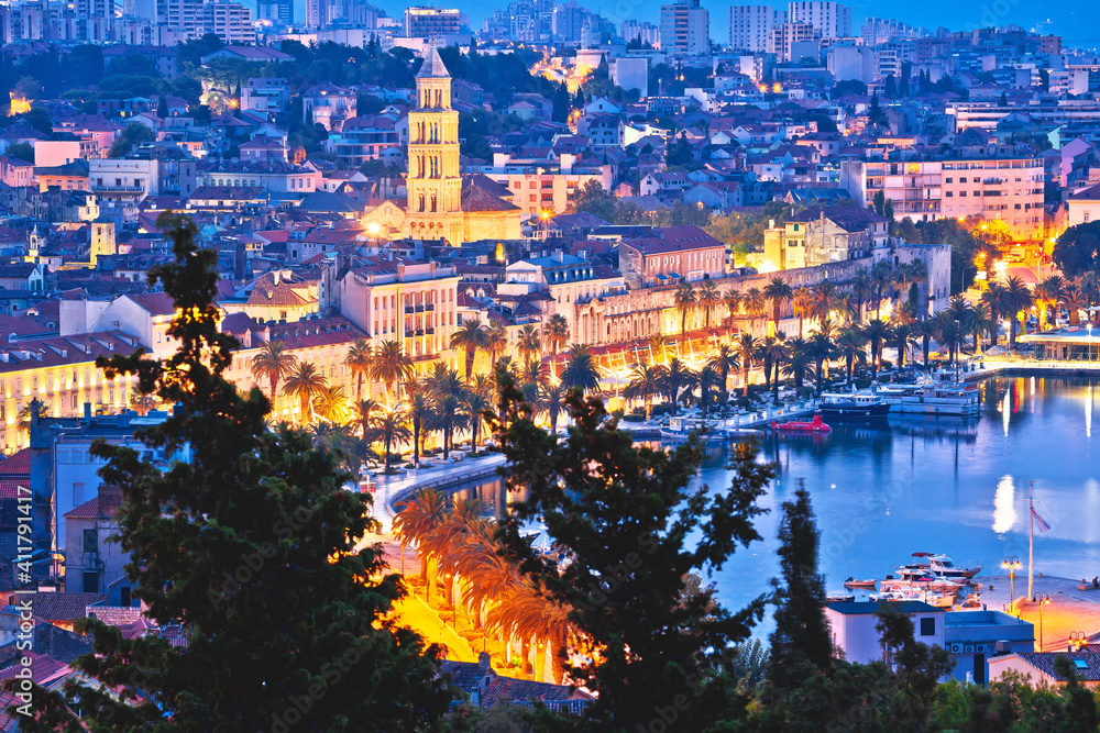 Amazing sunrise city of Split Riva waterfront panoramic view