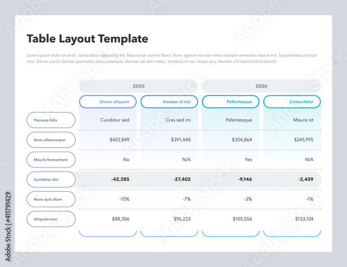 Modern business advanced table layout template with place for your content. Flat design, easy to use for your website or presentation.