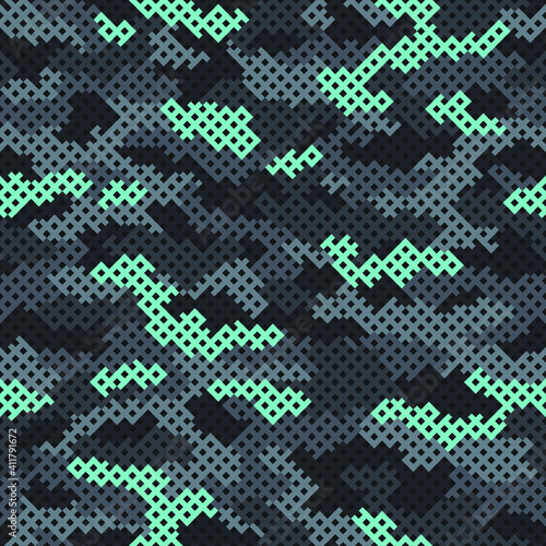 Camouflage grid seamless pattern. Abstract modern endless camo texture with square tile grid. Digital military background for fabric and fashion print template. Vector illustration.