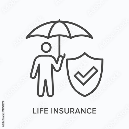 Life insurance flat line icon. Vector outline illustration of man standing under umbrella near shield. Black thin linear pictogram for accident protection