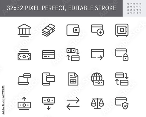 Finance banking simple line icons. Vector illustration with minimal icon - wallet, bunch cash, credit card, safe, online transfer, account protection pictogram. 32x32 Pixel Perfect Editable Stroke