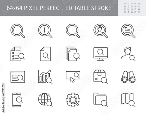 Search simple line icons. Vector illustration with minimal icon - lupe, analysis, spyglass lens, loupe, gear, hr, globe, folder, magnifier, binoculars pictogram. 64x64 Pixel Perfect Editable Stroke