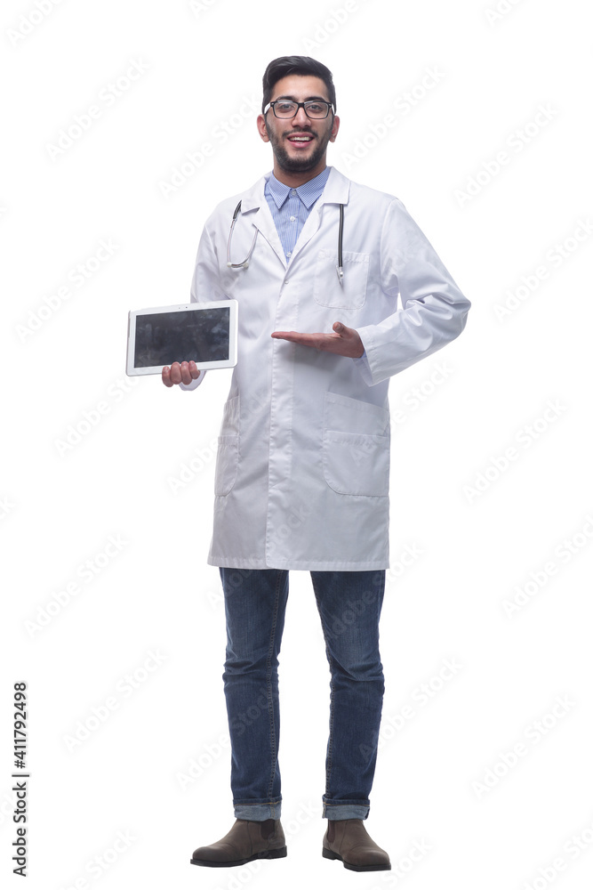 smiling doctor pointing at the screen of a digital tablet. smiling doctor pointing at the screen of a digital tablet.
