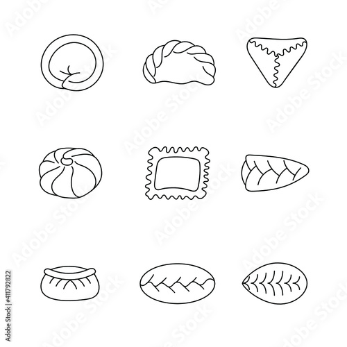 Set of different dumplings icon. Isolated on white background. Vector stock illustration. Hand drawn doodle elements: dumplings, pelmeni, ravioli, vareniki, manti, khinkali, dim sum. Simple style.