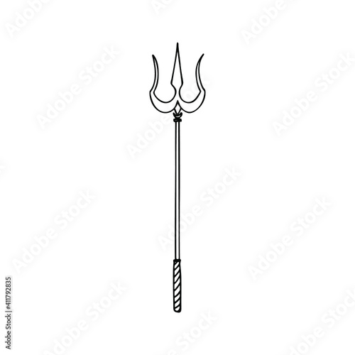 Trishula. Single element. Weapon of Lord Shiva. Spiritual symbol in Indian religion. Hand-drawn. Doodle, sketch, icon. Vector illustration for design, prints. On white background.