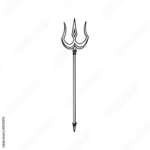 Trishula. Single element. Weapon of Lord Shiva. Spiritual symbol in Indian religion. Hand-drawn. Doodle, sketch, icon. Vector illustration for design, prints. On white background.