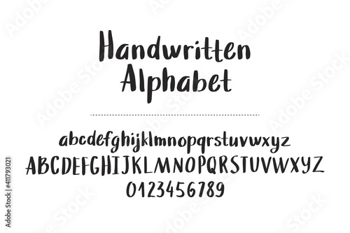 hand drawn alphabet, letters and numbers on white background, illustration