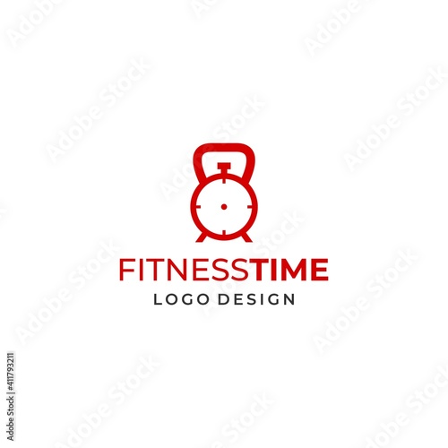 Modern and unique logo combination of kettlebell and stopwatch or clock. EPS 10, Vector.