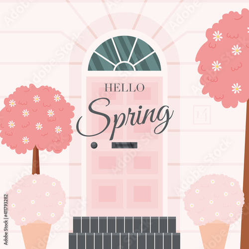 Hello spring flat design card. vector illustration.