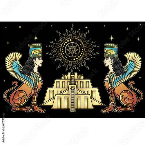 Animation color drawing: magical winged lioness. Ishtar, Astarta, Inanna. Character in Assyrian mythology. Ancient Zikkurat. Vector illustration isolated on a black background. 