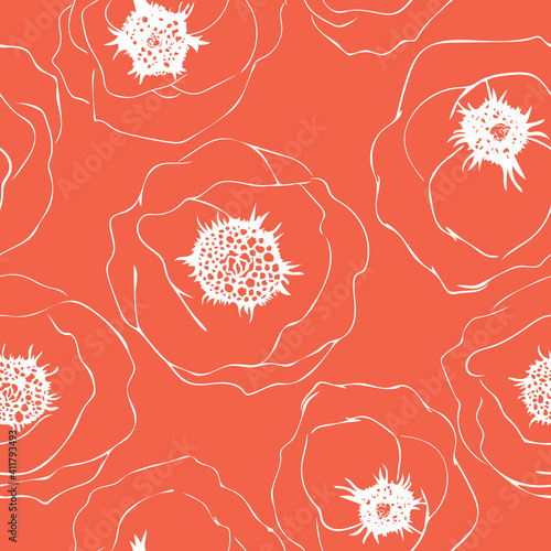 Seamless pattern with poppies. Linear doodle art.