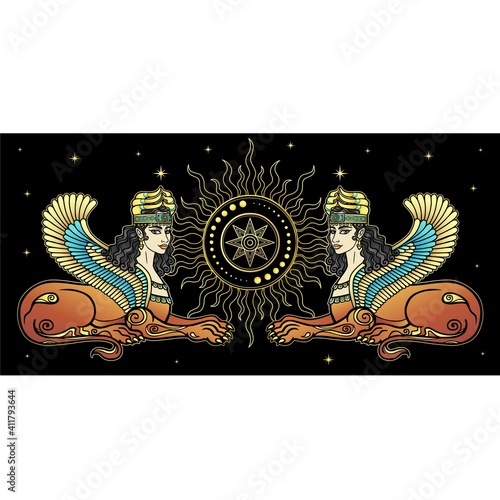Animation color drawing: magical winged lioness. Ishtar, Astarta, Inanna. Character in Assyrian mythology. Sacred star Sirius. Vector illustration isolated on a black background. 