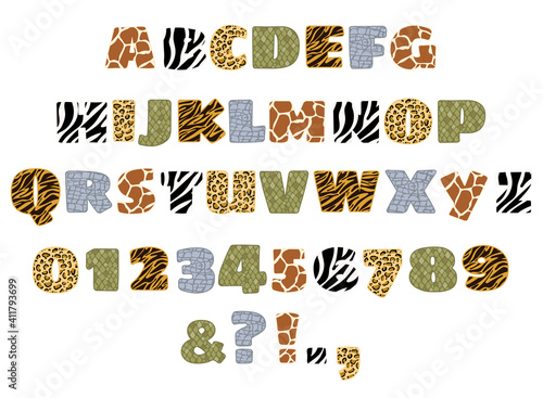 Handdrawn alphabet letters and numbers set with jungle animals skin pattern. Vector illustration