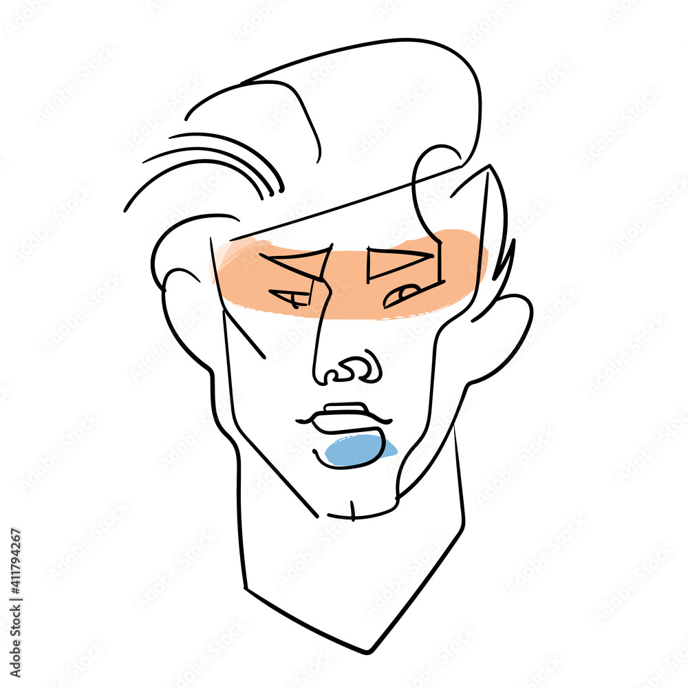 One line man face portrait. Contemporary drawing in modern cubism style