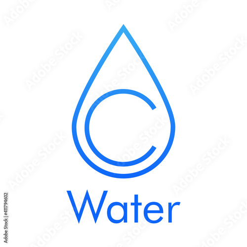 Logotipo con texto Water y contorno de gota con letra inicial c en color azul