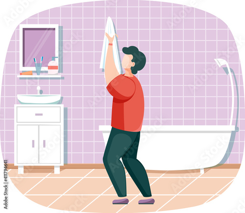 Personal hygiene and cleanliness, daily body care routine, man wipes his hands with towel in bathroom. Guy washing his face, taking shower, enjoying water and bath procedure, standing near bathtube