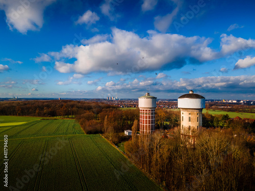Aerial photo of Water Towers in Hamm Berge in Germany with birds