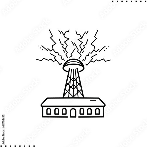 Wardenclyffe Tower, clean energy production, lightning power vector icon in outlines