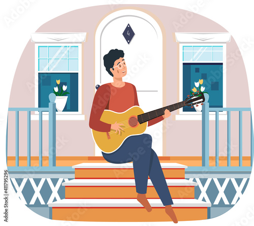 Man sings song. Guy sitting on doorstep of his house and plays guitar. Person creates music. Male character playing musical instrument. Musician plays strings on instrument. Guitarist resting on porch