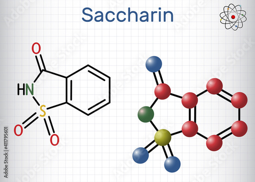 Saccharin molecule. It is artificial sweetener, sweetening agent, xenobiotic and environmental contaminant. Structural chemical formula and molecule model. Sheet of paper in a cage