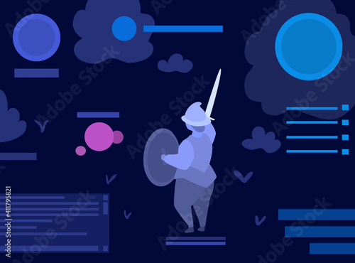 RPG video game UI, MMORPG user abstract interface screenshot. A knight character holding a shield and a sword. A vector cartoon illustration.