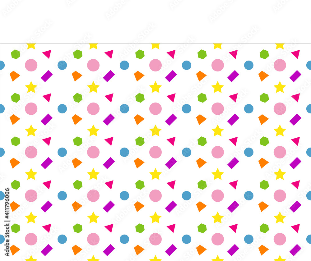 Patrón de figuras geométricas, círculos, rectángulos trapecios, estrellas, hexágonos y triángulos en amarillo, verde, rosa, violeta, morado, azul y naranja sobre fondo blanco Patrón de figuras geométricas, círculos, rectángulos trapecios, estrellas, hexágonos y triángulos en amarillo, verde, rosa, violeta, morado, azul y naranja sobre fondo blanco