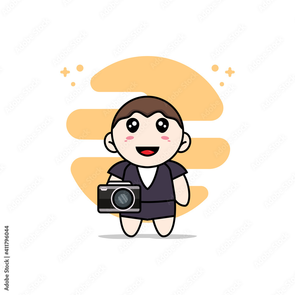 Cute business woman character holding a camera. Cute business woman character holding a camera.