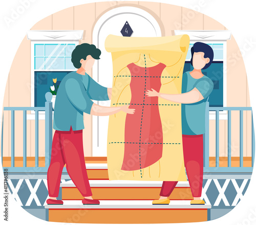 Men are holding pattern of future clothes. Guys in professional tailoring studio with red dress model. Sewing with designers or seamstresses working with clothing model stand on atelier doorstep