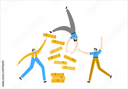Economic crisis concept, fall in the exchange rate, loss of money, a crash on the stock exchange. Businessmen and brokers in a panic. Vector illustration in flat style