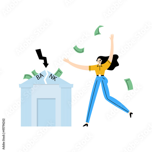 Economic crisis concept, a fall in the exchange rate, loss of money, a crash on the stock exchange. Fall in the stock market, bank failures, a woman in a panic lost all her deposits