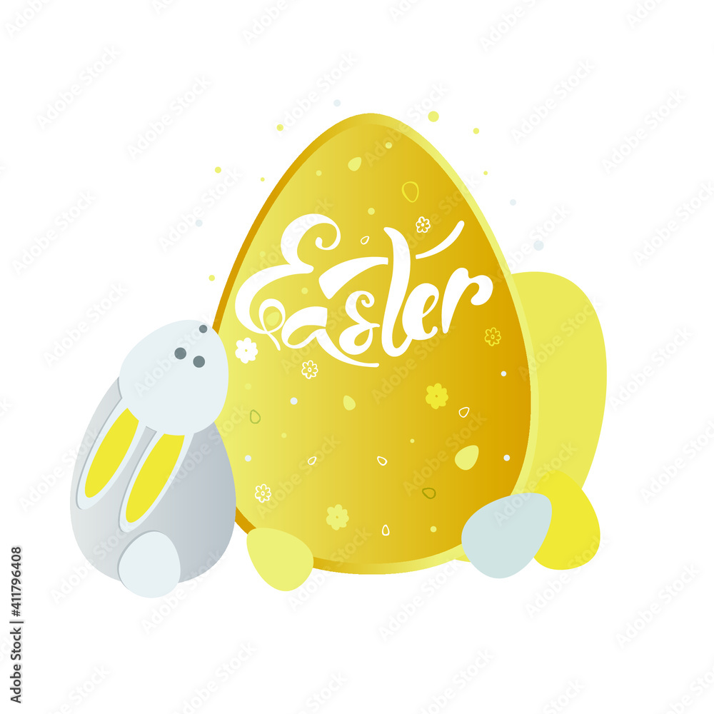 Easter picture with bunny and eggs.  For postcard, invintation, banner, t-shirt. Grey and yellow eggs, rabbit on white background with dots. Vector EPS10.