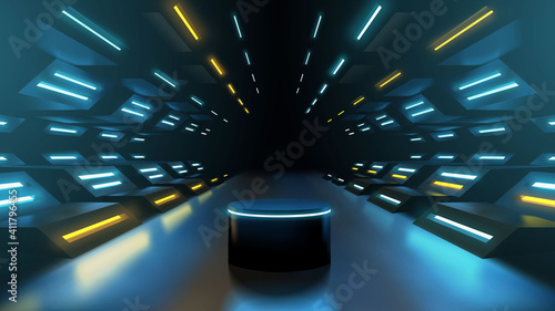 Neon futuristic podium or platform scene for product presentation, sci fi futuristic corridor interior illustration realistic vector