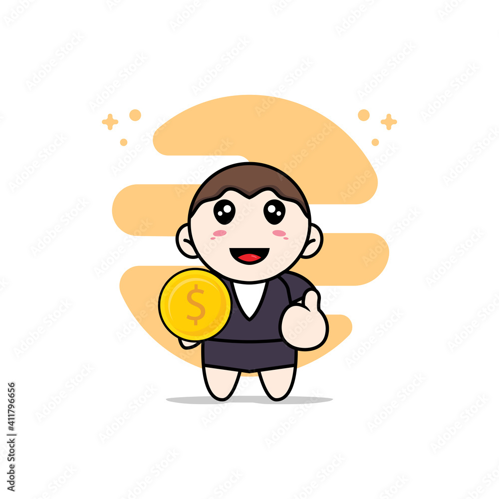 Cute business woman character holding a coin. Cute business woman character holding a coin.