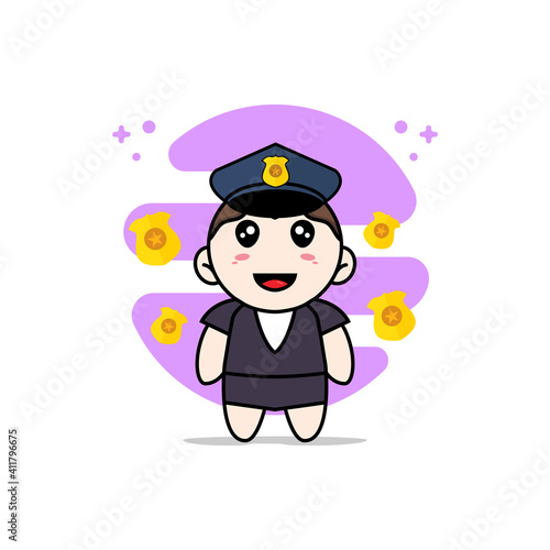 Cute business woman character wearing police costume.
