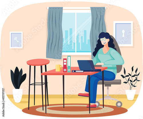 Woman is working with computer at home. Freelancer working with laptop remotely. Female character sitting at workplace and doing her work. Girl with glasses is using computer freelance in apartment