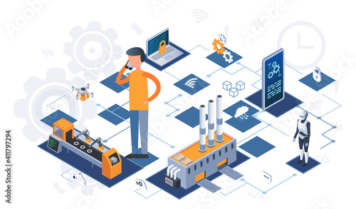 Industry automation production line, internet of things and machine interface. Male engineer controls manufacturing equipment using digital devices, industrial technologies 4ir revolution, AI, IoT